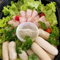 Click to see Honey Chicken Ham and Chipolata Sausages with Pineapple Glaze Sauce