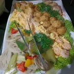 Four Season Platter 四季拼盘 : prawn omelette, fry celery & lotus, jack fruit fritters, Thai style abalone slice