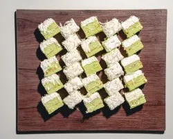 Ondeh Ondeh Pandan Cake<br> Fragrant gula melaka compote, pandan sponge, dried coconut flakes<br> Vegetarian, contains eggs and dairy | Customer Photo | Grain