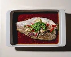 Happiness Thai-Canton Steamed Seabass 福运泰式清蒸鲈鱼<br> Light Steamed seabass, thai style lemongrass aromatics, superior HK style soy sauce | Customer Photo | Grain