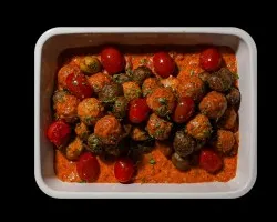 Christmas Chicken Meatball Casserole <br>housemade pink sauce, blistered cherry tomatoes and baby potatoes | Customer Photo | Grain