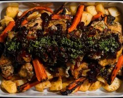 Cranberry Raisin Glazed Herb Chicken <br> tri-spice rubbed, cranberry-raisin compote, baked carrots and potatoes | Customer Photo | Grain