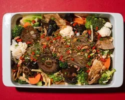 Ah Ma s Luo Han Zhai 阿嬷家常罗汉斋 <br> dangmyeon glass noodles, braised mushroom medley, seasonal vegetables | Customer Photo | Grain