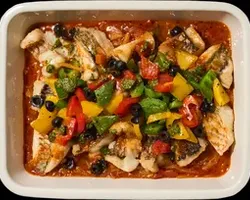 Marinara Parrotfish Stew<br>onion and fennel infused tomato sauce, black olive, green pesto | Customer Photo | Grain