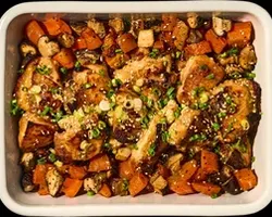 Hikari Miso Glazed Chicken<br>baked carrot, shiitake mushroom, roasted sesame seed, spring onion<br>contains allium, dairy, egg, soy, wheat | Customer Photo | Grain