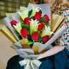 Click to see more photos of MF010: 5 Lily with 8 Red Roses Long Wrapping Handbouquet